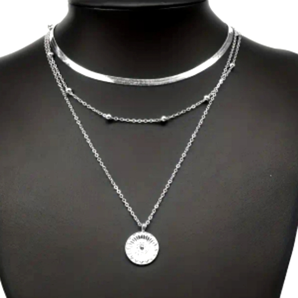 New silver-plated three layer necklace with silver medallion pendant